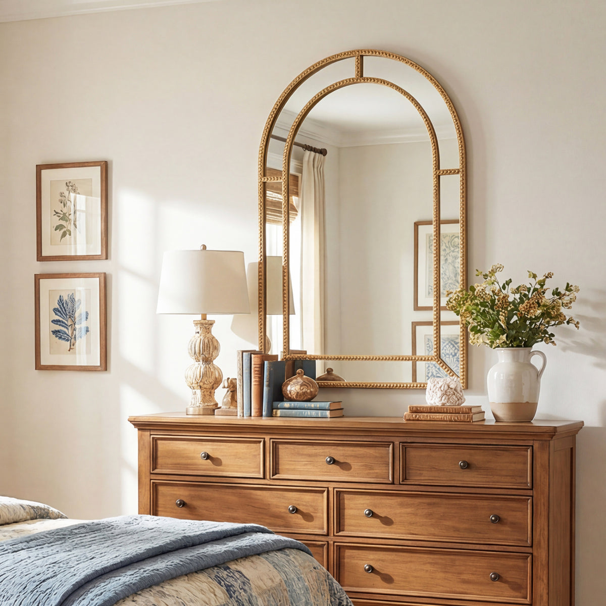 36 x 24 Inch Decorative Mirror with Beaded Frame for Living Room-Gold