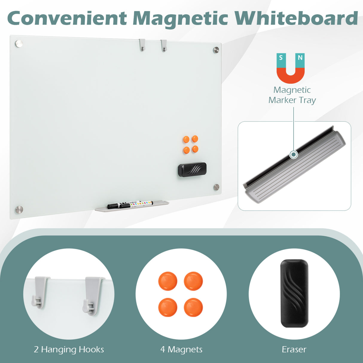 36 x 24 Inches Glass Whiteboard with Eraser and Removable Tray