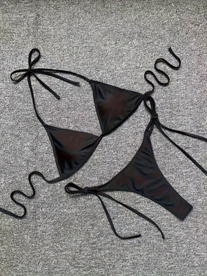 Bikini Leopard Print 2 Piece Swimsuit for Women – High Cut Lace-Up Backless Flattering Bikini Set with Halter Spaghetti Strap – Stretchy Sexy and Stylish Swimwear for Pool Beach and Summer Vacation