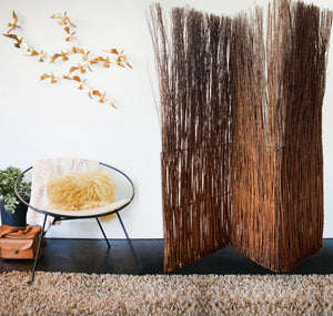 84" Brown Rattan Folding Three Panel Screen Room Divider