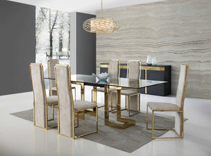 87" Clear And Gold Glass And Stainless Steel Double Pedestal Base Dining Table