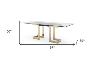 87" Clear And Gold Glass And Stainless Steel Double Pedestal Base Dining Table