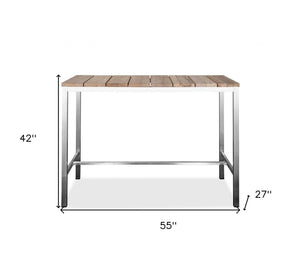 55" Wood Brown And Silver Solid Wood And Stainless Steel Dining Table