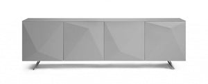 94" Gray Wood And Glass Carved Geometric Sideboard