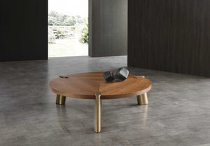 55" Brown and Gold Wood And Stainless Steel Round Coffee Table