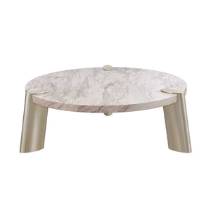 48" White and Silver Marble and Stainless Steel Round Coffee Table