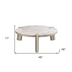 48" White and Silver Marble and Stainless Steel Round Coffee Table