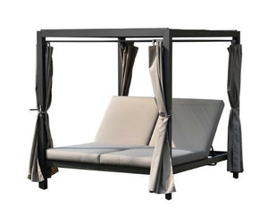 161.85" X 71.37" X 8.58" Gray Outdoor Steel Metal Adjustable Day Bed With Canopy And Taupe Cushions