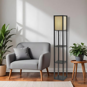 63" Black And White Solid Wood Column Floor Lamp With White Fabric Square Shade