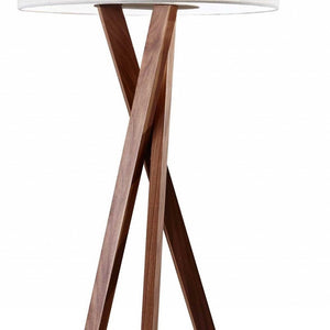 63" Brown And White Solid Wood Tripod Floor Lamp With White Linen Drum Shade