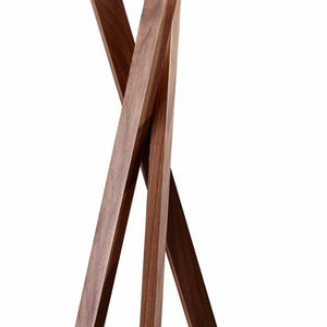 63" Brown And White Solid Wood Tripod Floor Lamp With White Linen Drum Shade