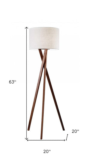 63" Brown And White Solid Wood Tripod Floor Lamp With White Linen Drum Shade