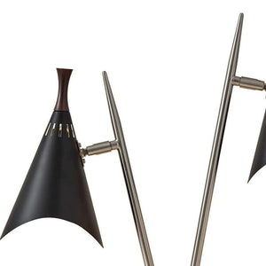 22" Black and Silver Metal Two Light Desk Lamp With Black Cone Shades