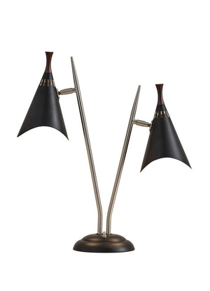 22" Black and Silver Metal Two Light Desk Lamp With Black Cone Shades