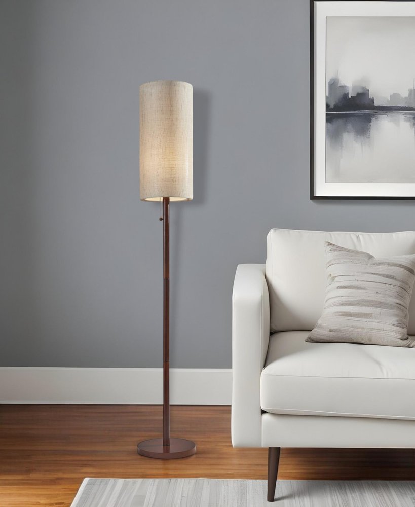 65" Brown Solid Wood Floor Lamp With Beige Linen Drum Shade