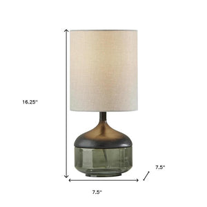16" Black And Dark Green Wood And Smoked Glass Table Lamp With Beige Drum Shade