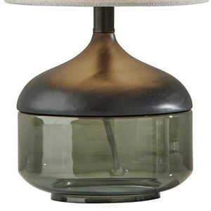 16" Black And Dark Green Wood And Smoked Glass Table Lamp With Beige Drum Shade