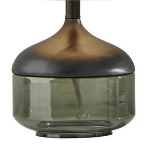 16" Black And Dark Green Wood And Smoked Glass Table Lamp With Beige Drum Shade