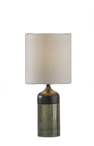 23" Black Wood And Smoked Glass Bedside Lamp With Gray Drum Shade