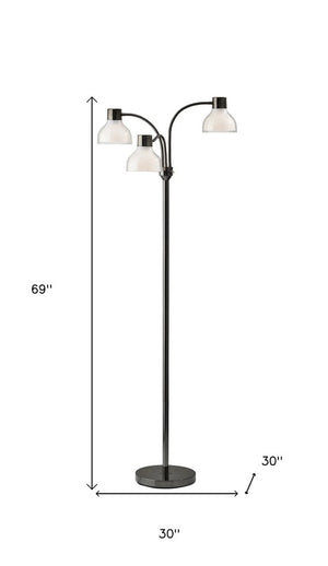 69" Silver Three Light Tree Floor Lamp With White Plastic Bowl Shade