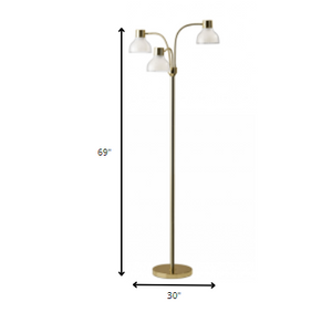 69" Silver Three Light Tree Floor Lamp With White Plastic Bowl Shade