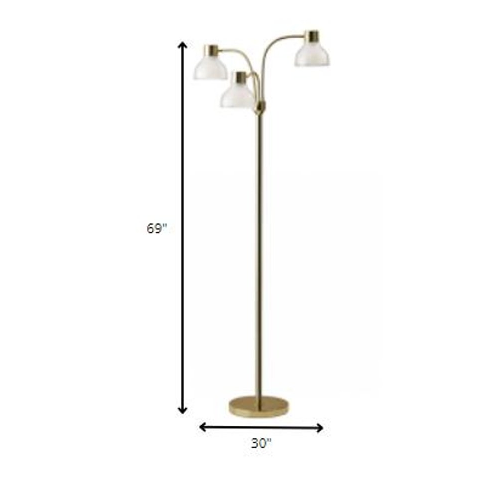 69" Gold Three Light Tree Floor Lamp With Clear Plastic Bowl Shade