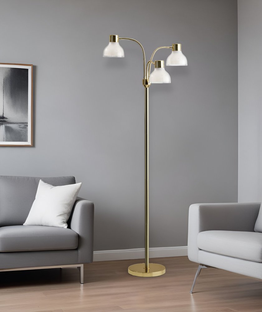69" Silver Three Light Tree Floor Lamp With White Plastic Bowl Shade