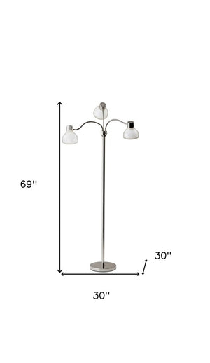 69" Silver Three Light Tree Floor Lamp With White Plastic Bowl Shade