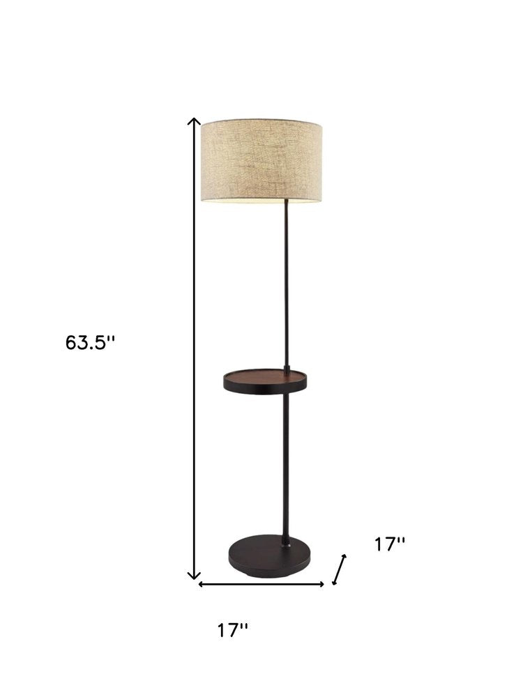 64" Beige And Black Tray Table Floor Lamp With Beige Fabric Drum Shade