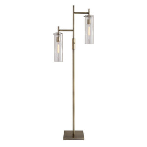 Brass Metal Two Light Novelty Floor Lamp With Clear Glass Drum Shade