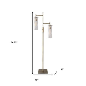 64" Brass Two Light Novelty Floor Lamp With Clear Glass Drum Shade
