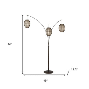 82" Bronze Three Light Tree Floor Lamp With Beige Wicker Cage Shade