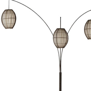 82" Bronze Three Light Tree Floor Lamp With Beige Wicker Cage Shade