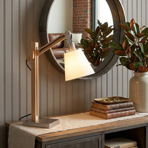 25" Natural Wood Adjustable Height Table Lamp With White Bell Shade