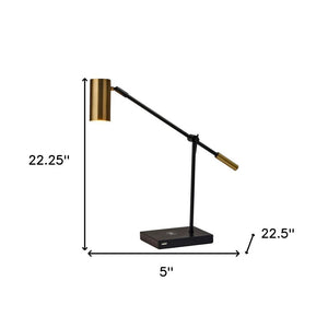 22" Black Metal Swing Arm LED Desk Lamp With USB And Antiqued Gold Cylinder Shade