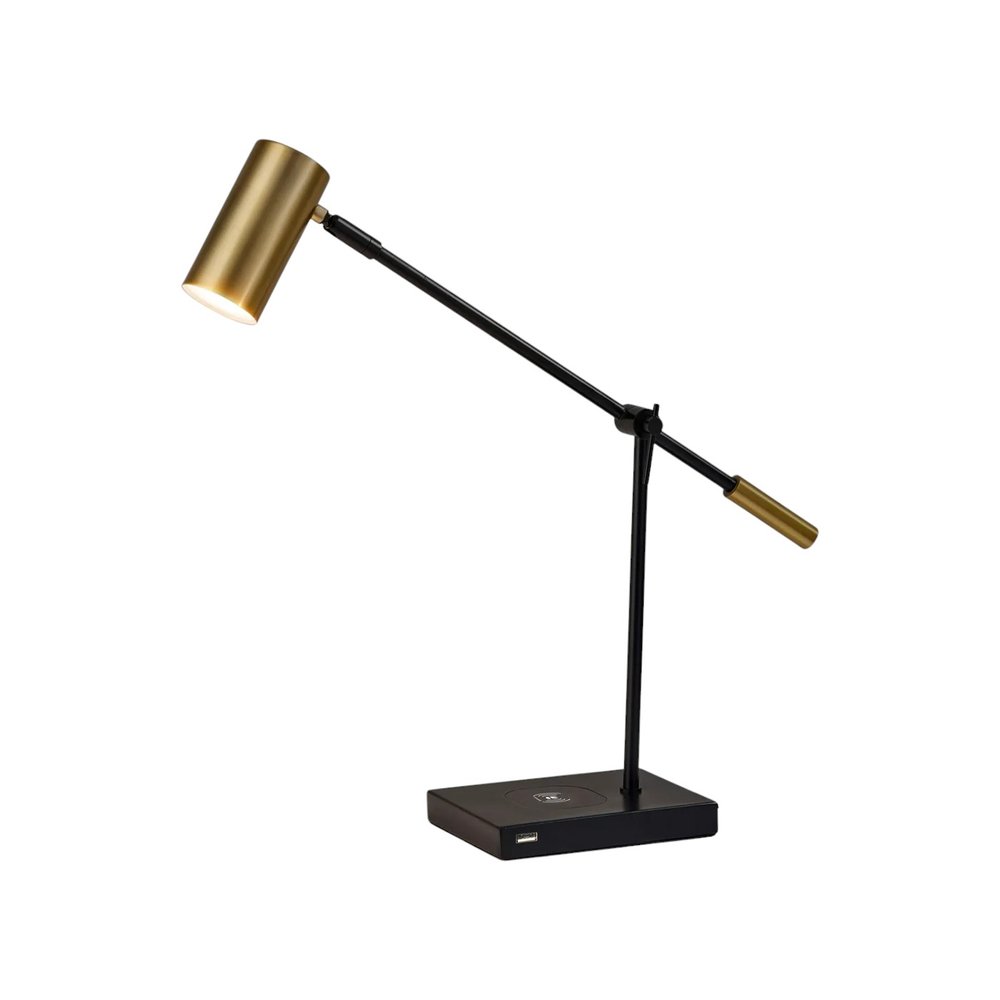 22" Black Metal Swing Arm LED Desk Lamp With USB And Antiqued Gold Cylinder Shade