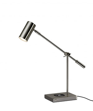 22" Black Metal Swing Arm LED Desk Lamp With USB And Antiqued Gold Cylinder Shade