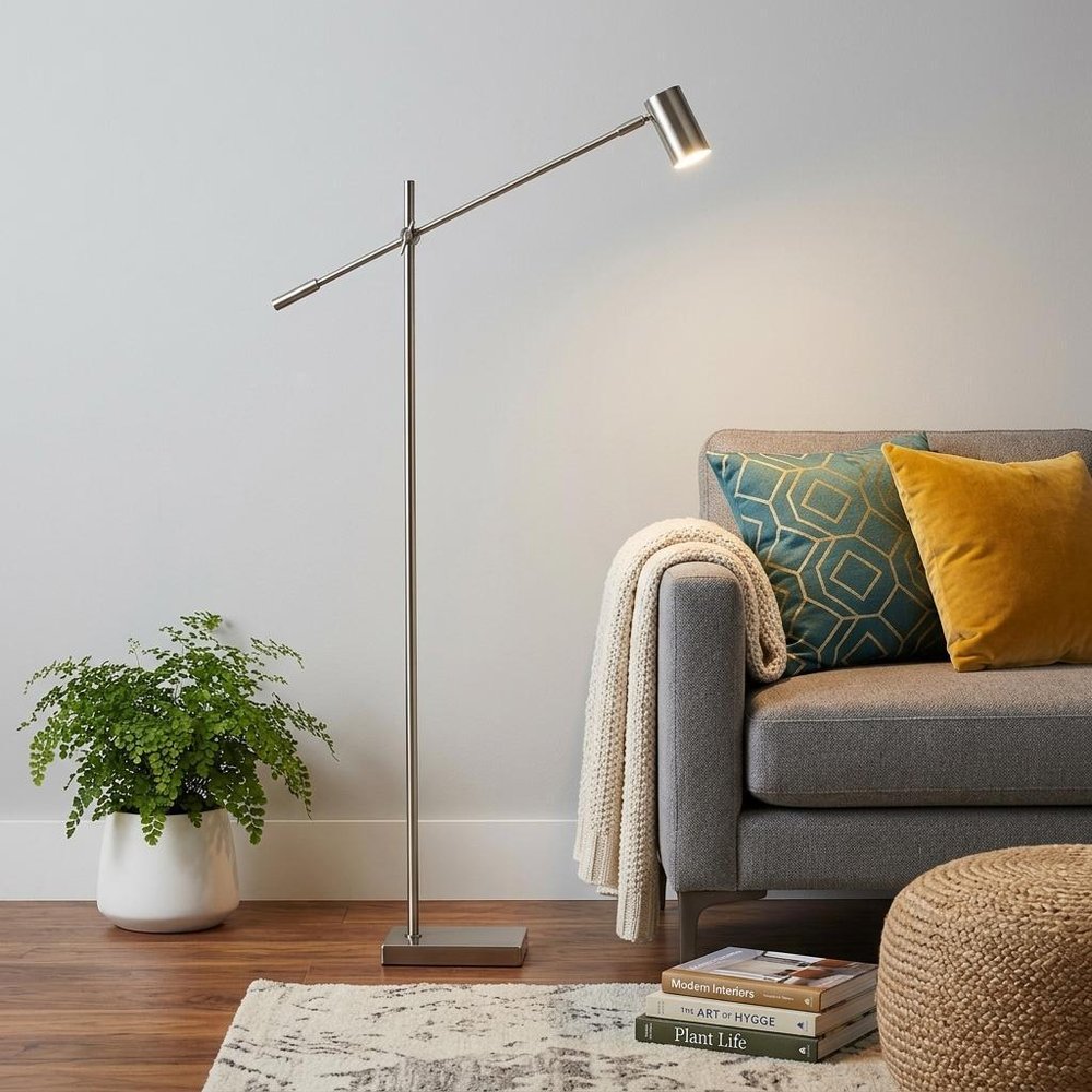 63" Silver LED Task Floor Lamp With Silver Metal Drum Shade
