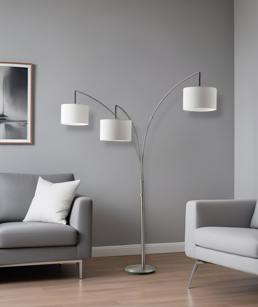 74" Silver Three Light Tree Floor Lamp With White Linen Drum Shade