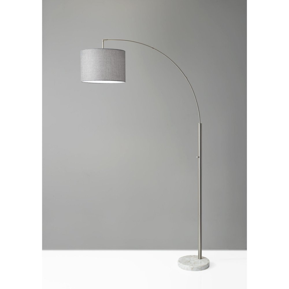 74" Silver Metal Arched Floor Lamp With Gray Linen Drum Shade