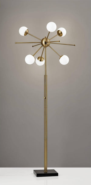 64" Brass Six Light LED Novelty Floor Lamp With White Glass Globe Shades