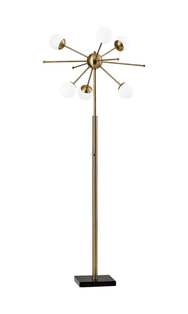 64" Brass Six Light LED Novelty Floor Lamp With White Glass Globe Shades