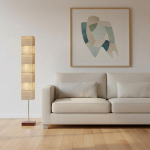 72" Brown And Silver Three Light Column Floor Lamp With Beige Paper Rectangular Shade