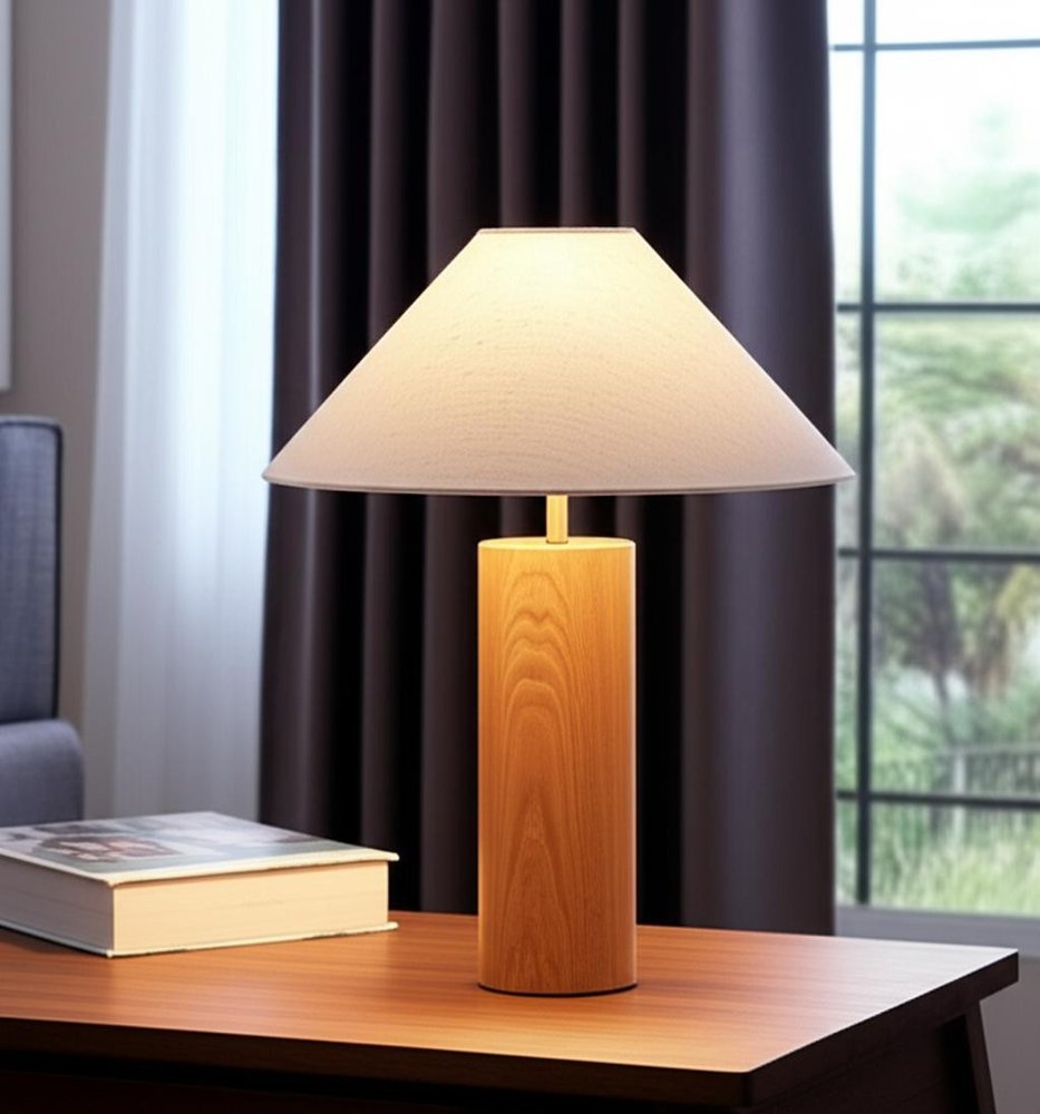 26" Natural Column Lamp With Cone Shade
