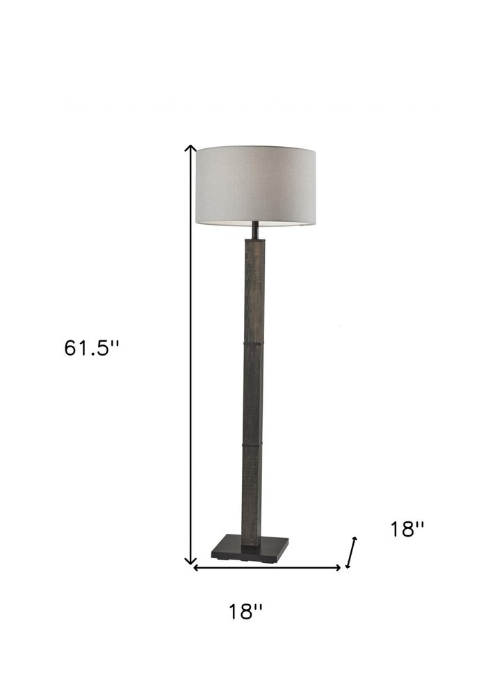 62" Black Wood And Metal Floor Lamp With Light Gray Fabric Drum Shade