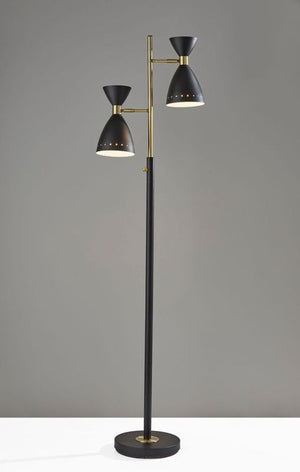 68" Black And Gold Metal Two Light Task Floor Lamp With Black Metal Cone Shade