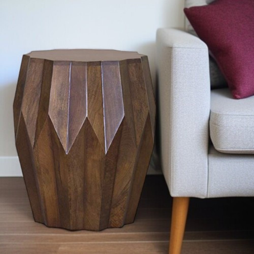 23" Dark Brown Solid Wood Drum End Table