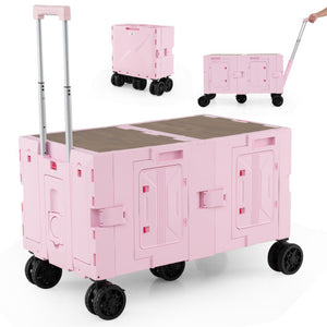 Large Foldable Utility Cart with 2-Tier Storage Crates and Telescoping Handle-Pink
