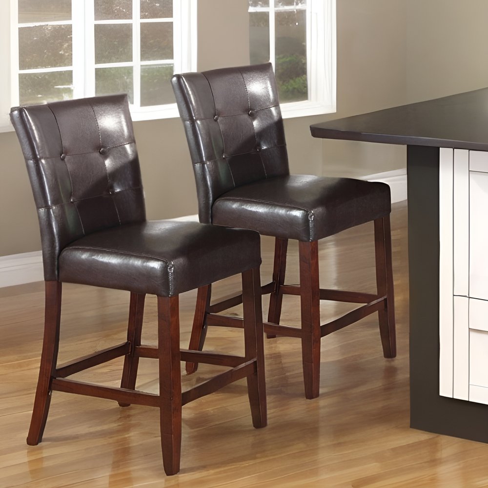 Set of Two 24" Espresso and Brown Faux Leather and Solid and Manufactured Wood Counter Height Bar Chairs