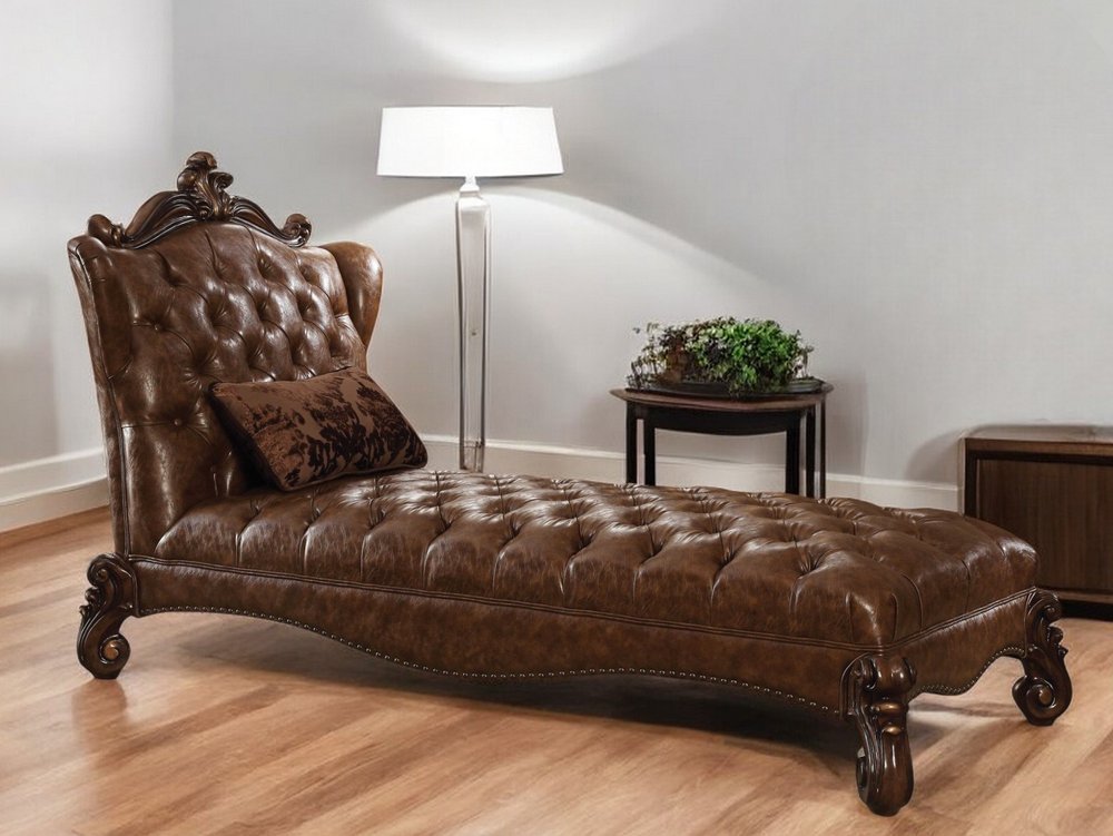 76" Brown and Dark Brown Faux Leather Tufted Lounge Chair And Toss Pillow